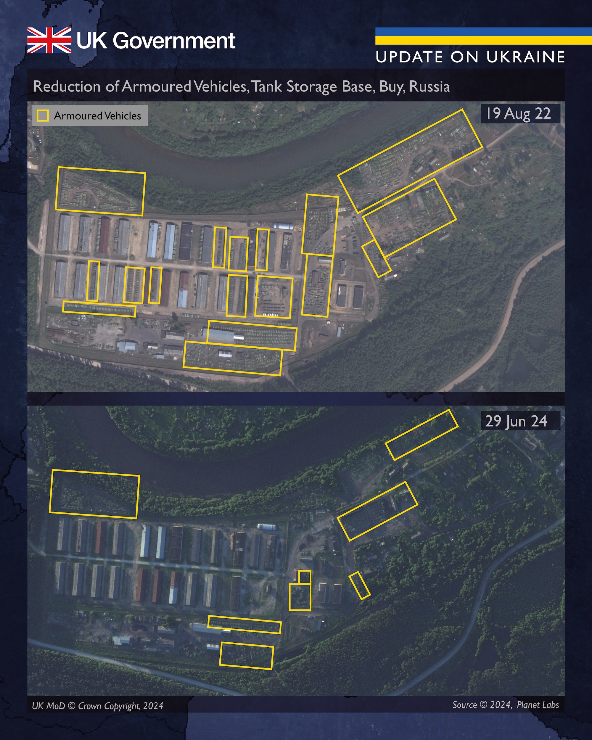 Британська розвідка заявила, що з лютого 2022 року Російська Федерація втратила понад 3,6 тисячі основних бойових танків і майже вісім тисяч броньованих машин