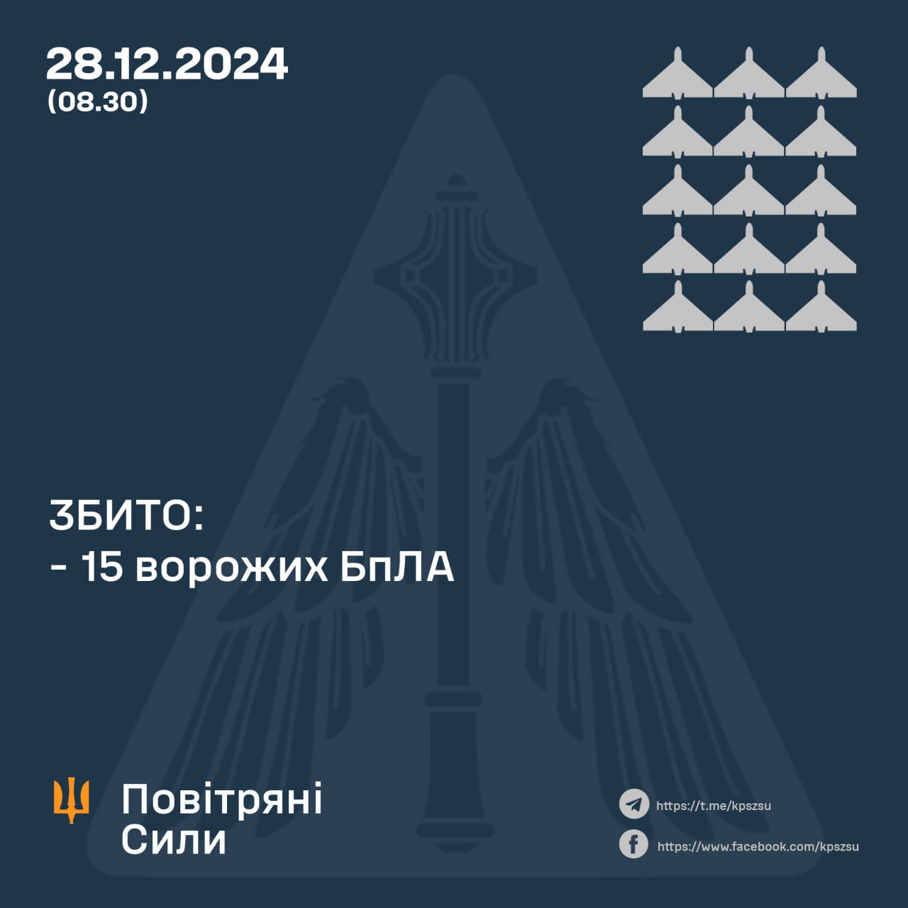 У ніч на суботу, 28 грудня, російська армія атакувала Україну ударними безпілотниками типу "Шахед" та дронами інших типів