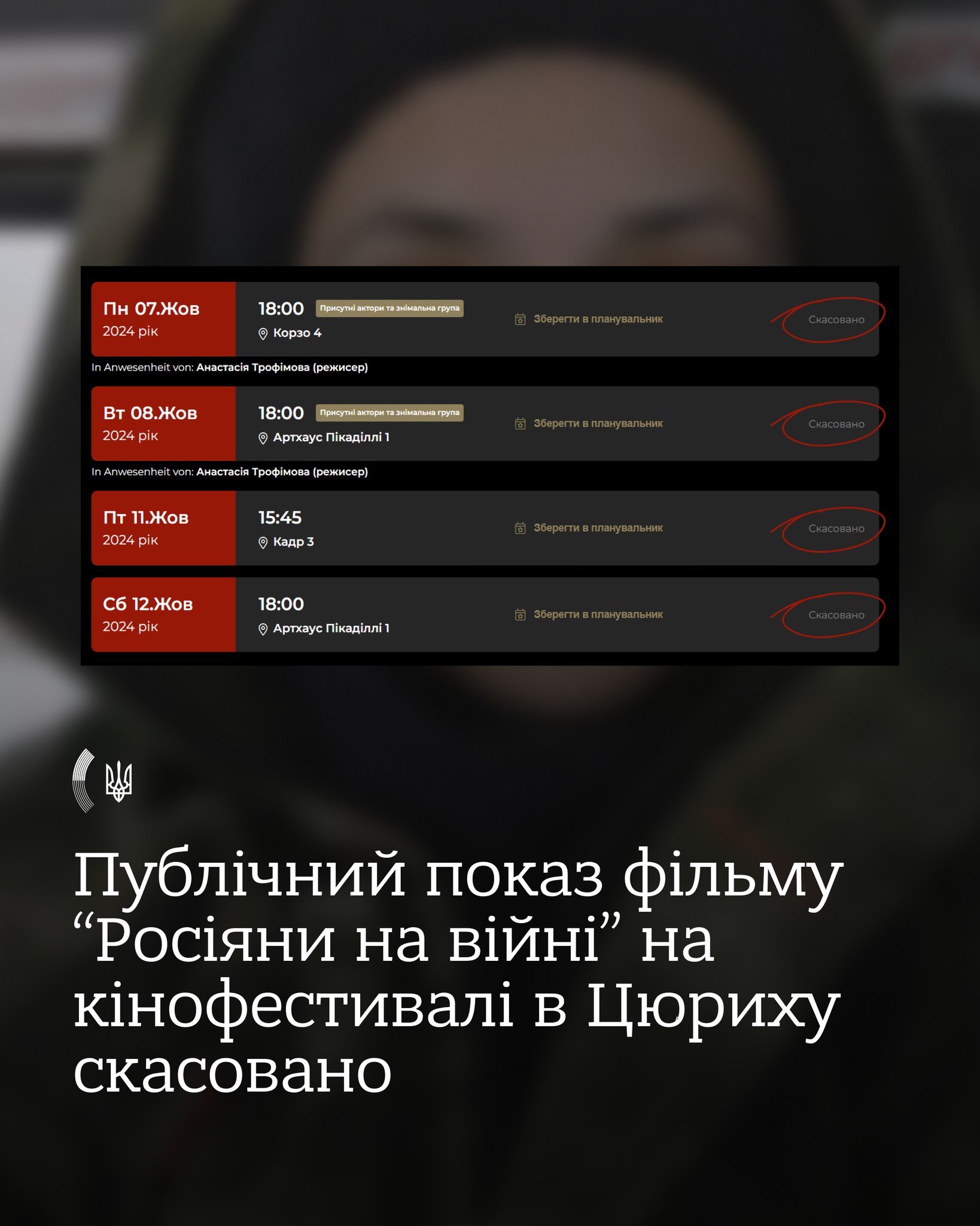 Скасування показу фільму "Росіяни на війні" в Цюриху