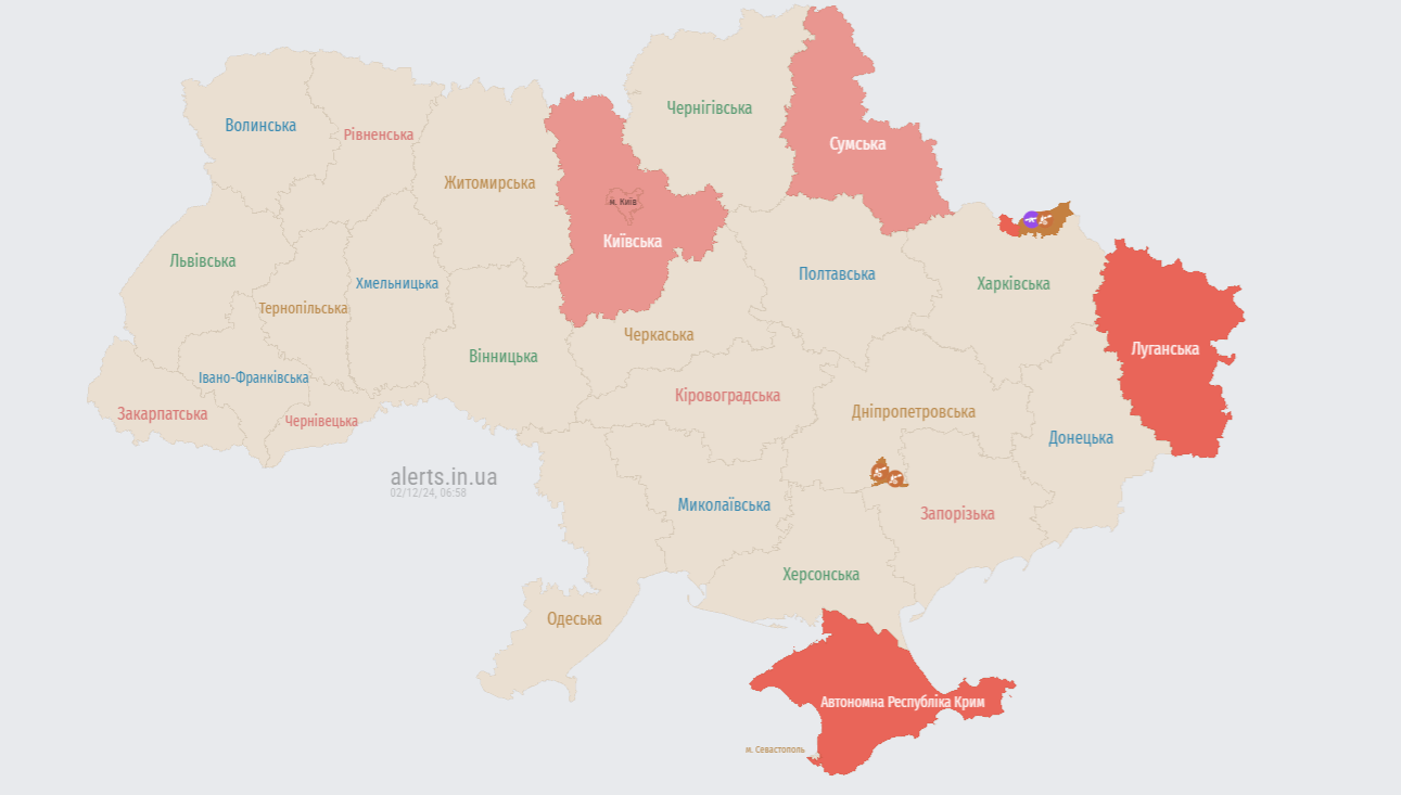 Мапа повітряних тривог 2 грудня зранку