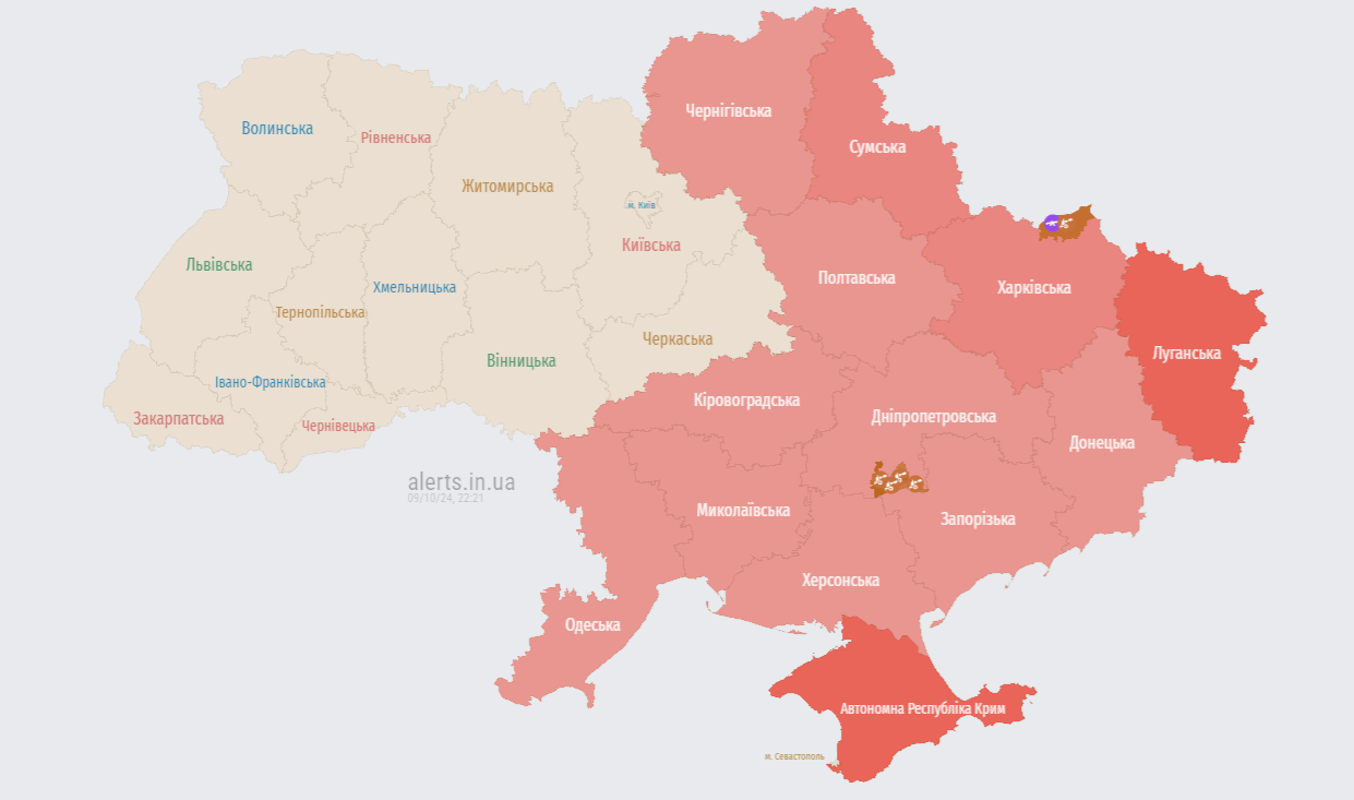 Мапа повітряних тривог 9 жовтня