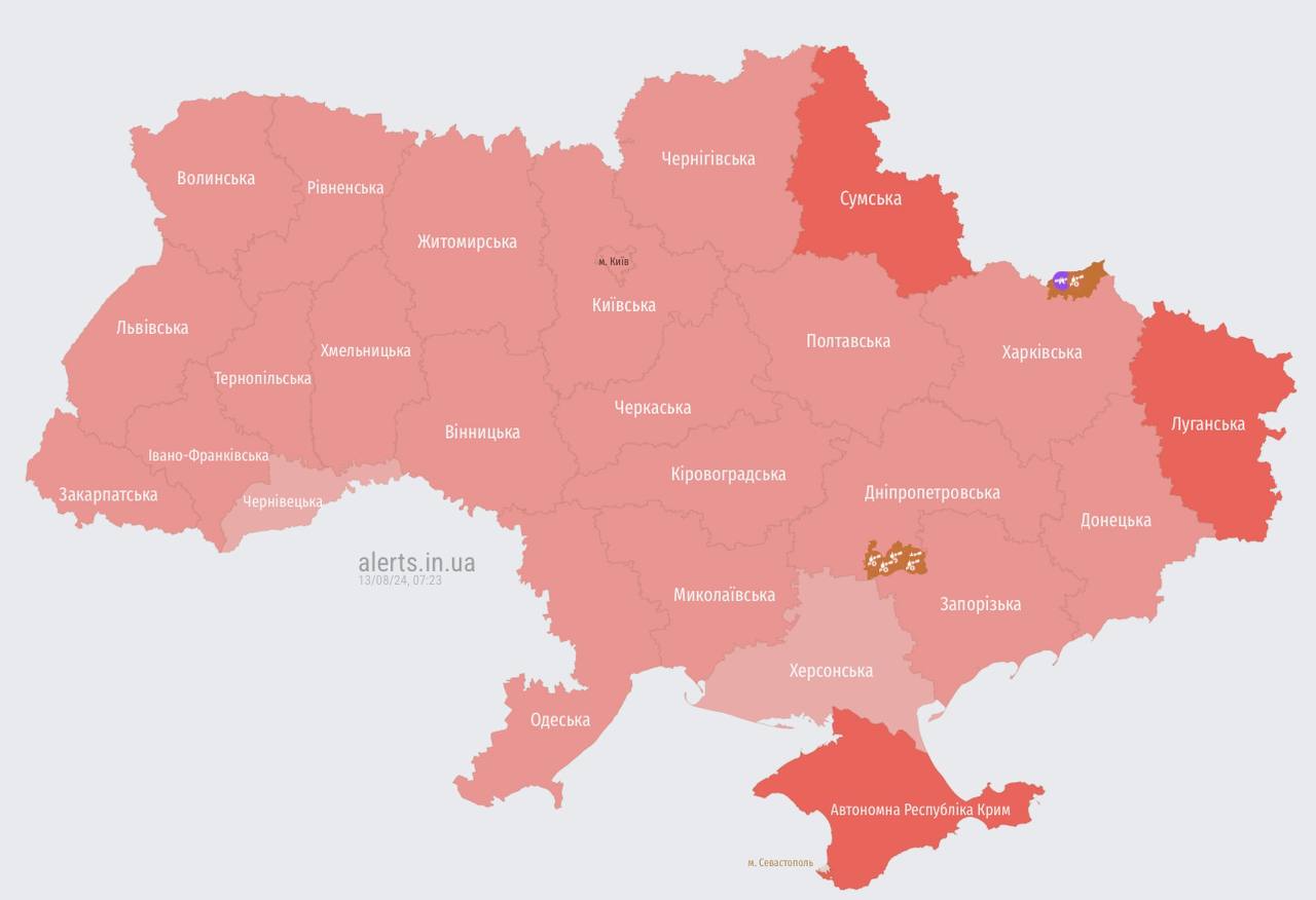 Мапа повітряних тривог 13 серпня