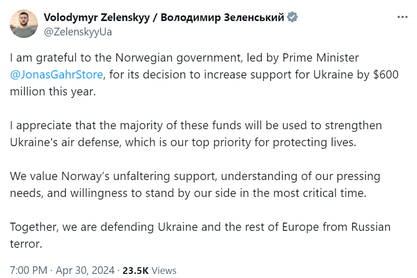 Зеленський подякував Норвегії за рішення збільшити підтримку України на $600 мільйонів