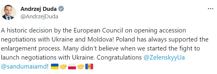 Дуда привітав Україну і Молдову з історичним рішенням саміту ЄС