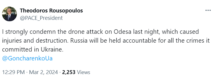 Президент ПАРЄ засудив російську атаку на Одесу