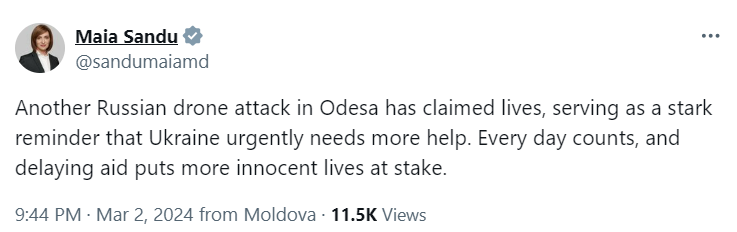 Президентка Молдови відреагувала на російську атаку на Одесу