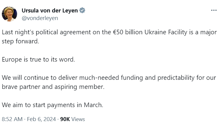 Глава Єврокомісії назвала дату першого траншу Україні за програмою на 50 млрд євро