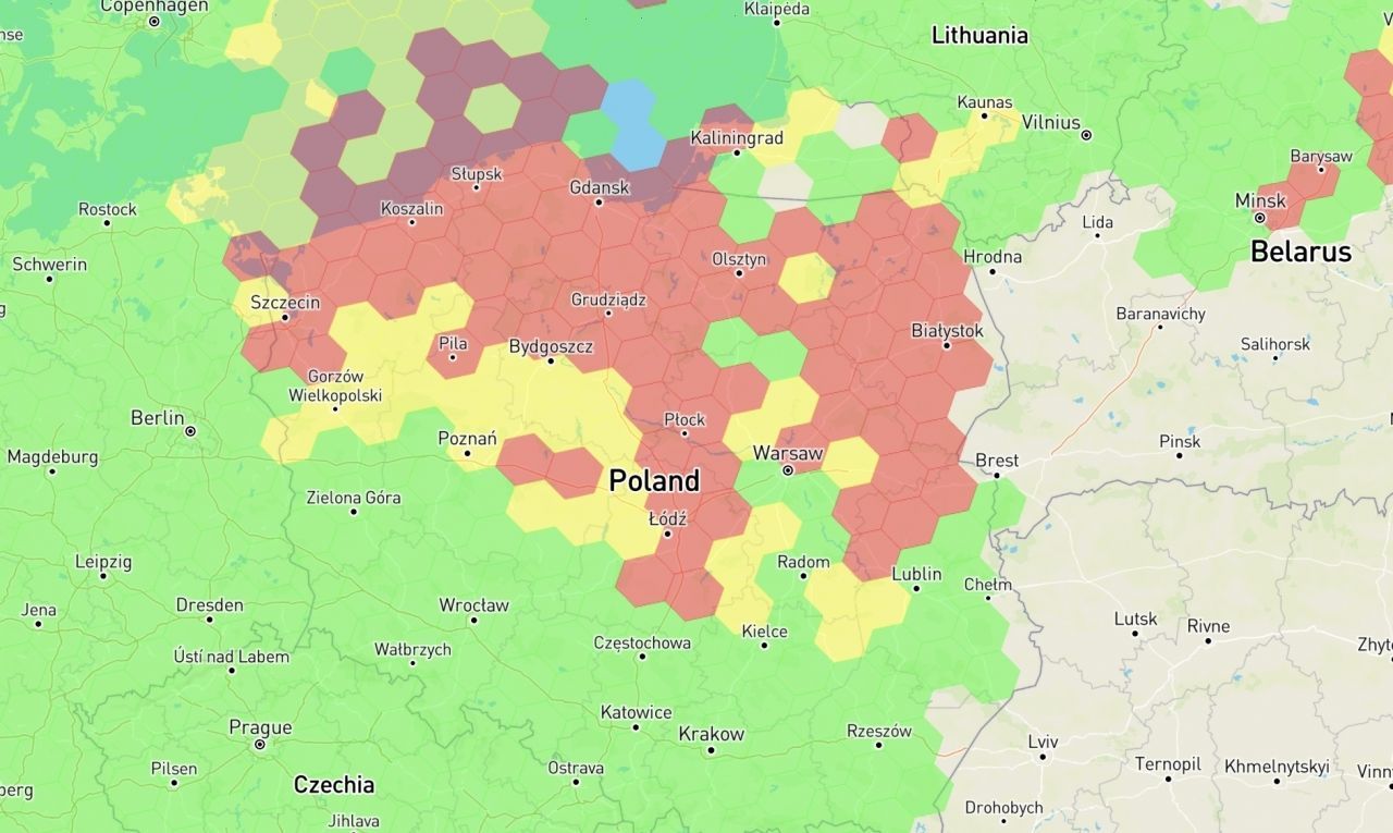 Мапа території Польщі, на якій зник сигнал GPS