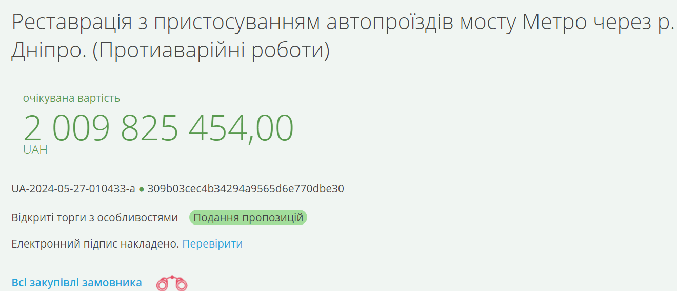 тендер на ремонт мосту метро у  києві