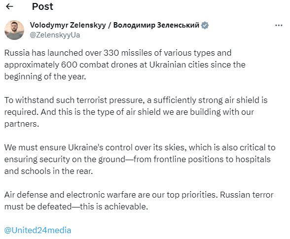 зеленський про кількість ракет і дронів запущених росією по україні