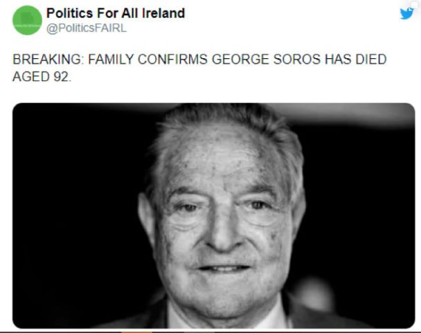 Скрін Twitter про смерть Джорджа Сороса