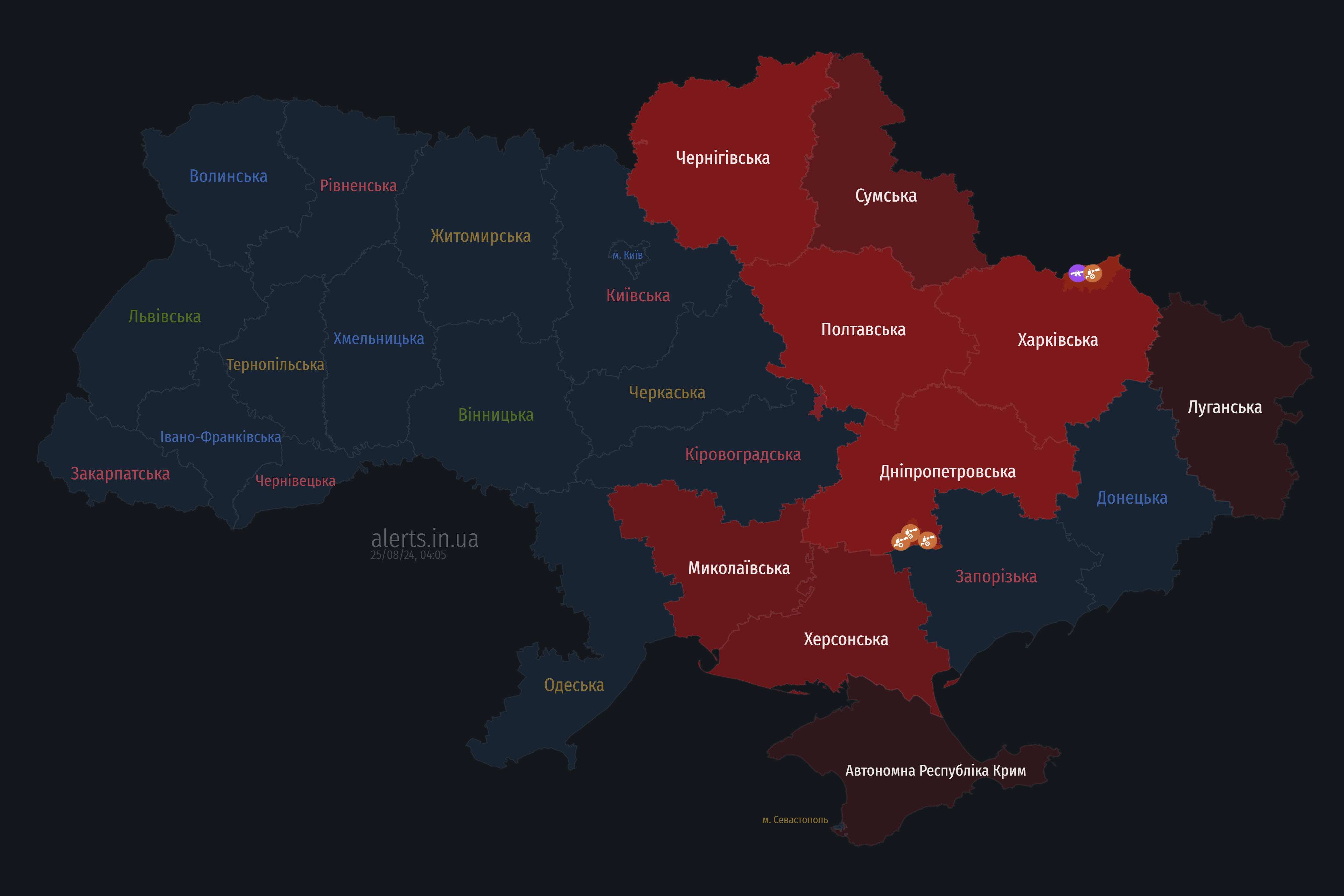 мапа тривог 25 серпня 2024 року