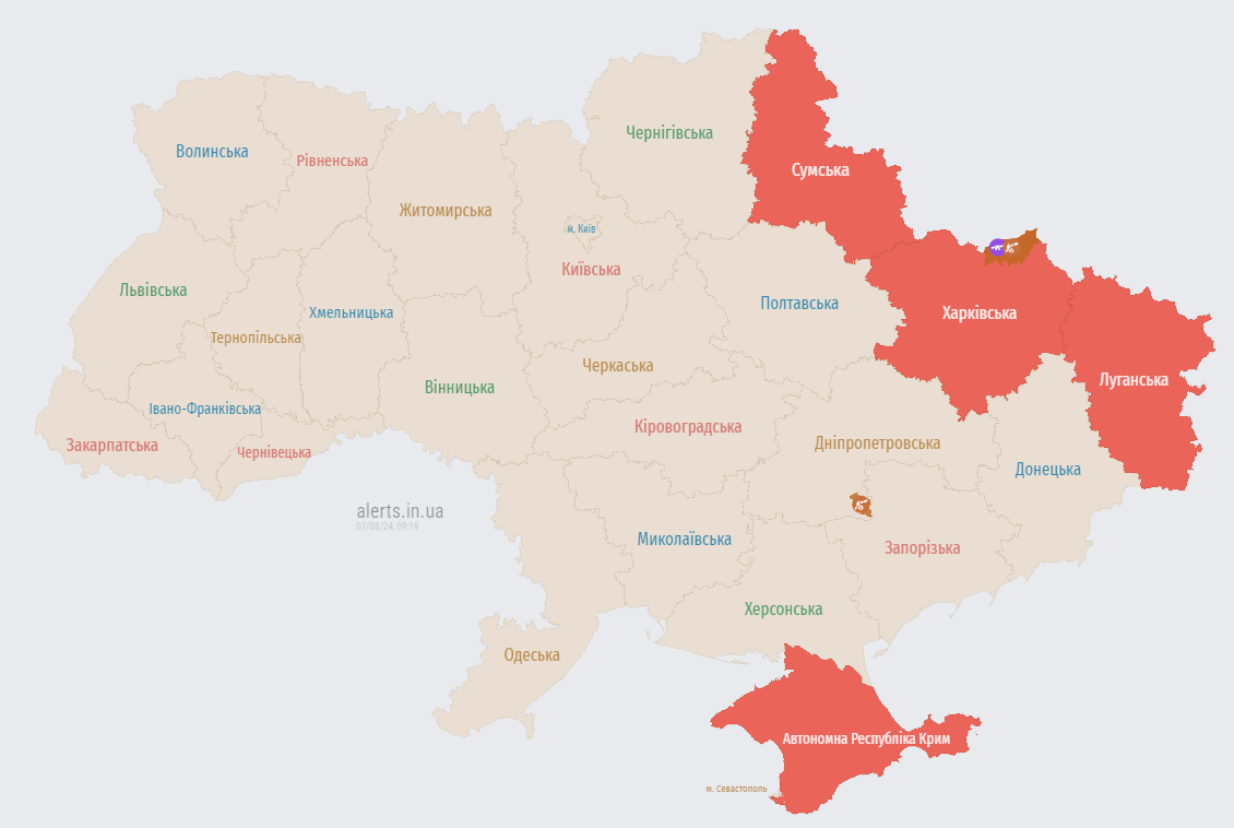 Мапа повітряних тривог в Україні станом на ранок 7 серпня