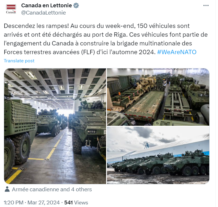 Канада перекинула до Латвії 150 одиниць військової техніки