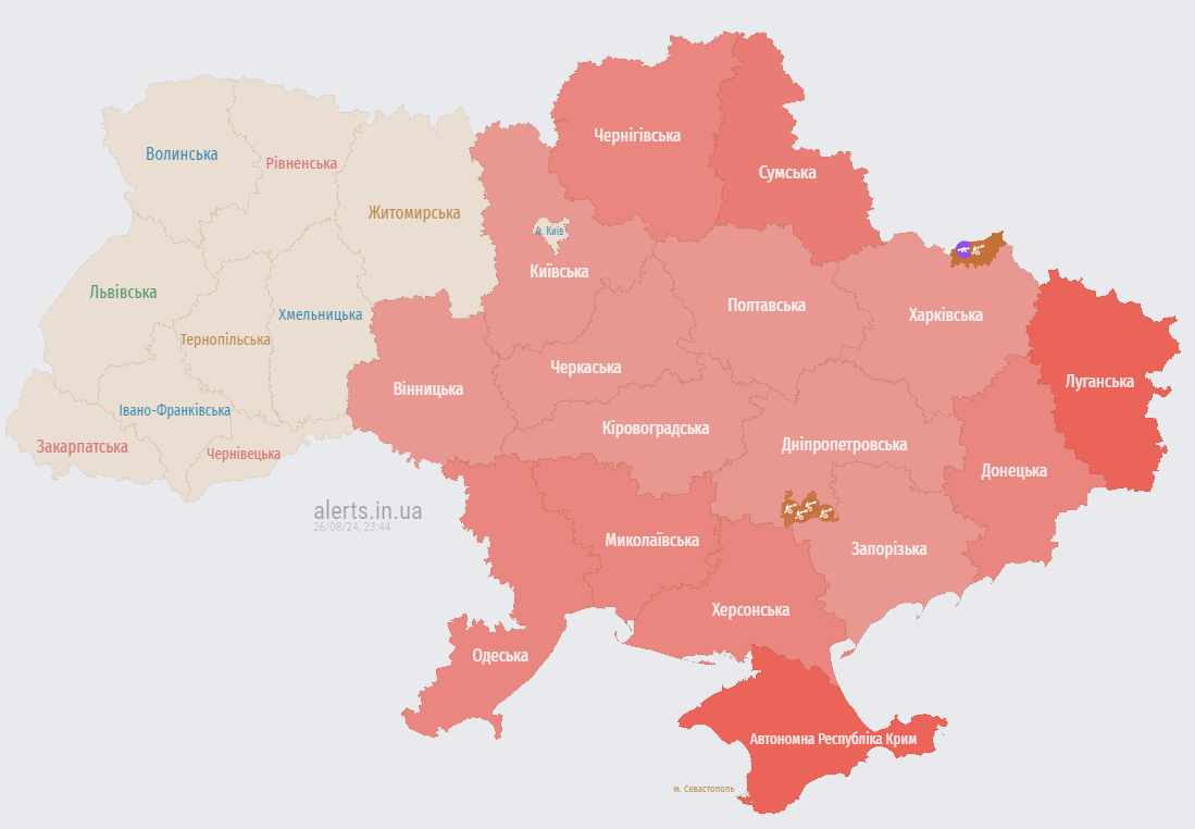 Увечері 26 серпня в Україні оголошено повітряну тривогу