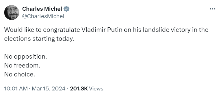Шарль Мішель привітав Володимира Путіна з перемогою на виборах