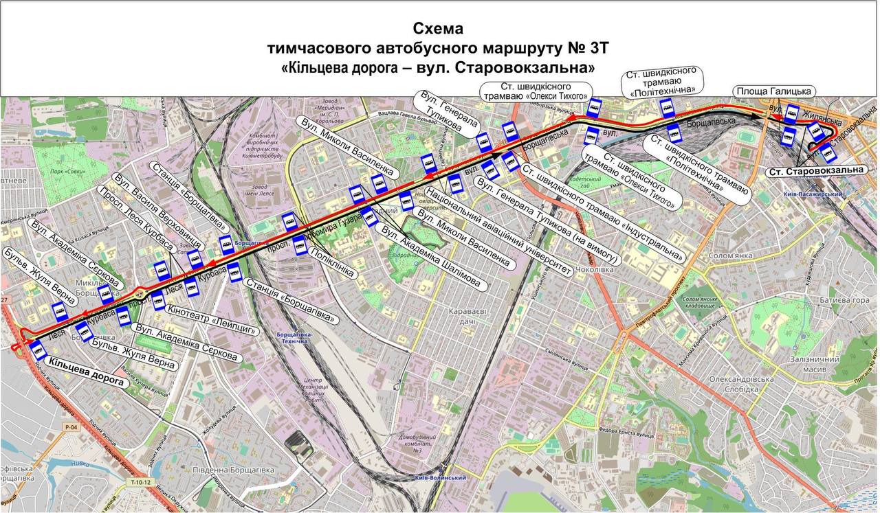 Схема маршруту № 1-Т "Михайлівська Борщагівка – вул. Старовокзальна"