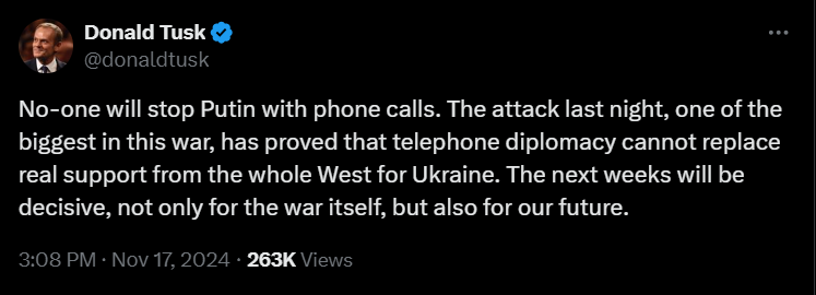 Очільник польського уряду Дональд Туск розкритикував телефонні дзвінки світових лідерів російському диктатору Володимиру Путіну